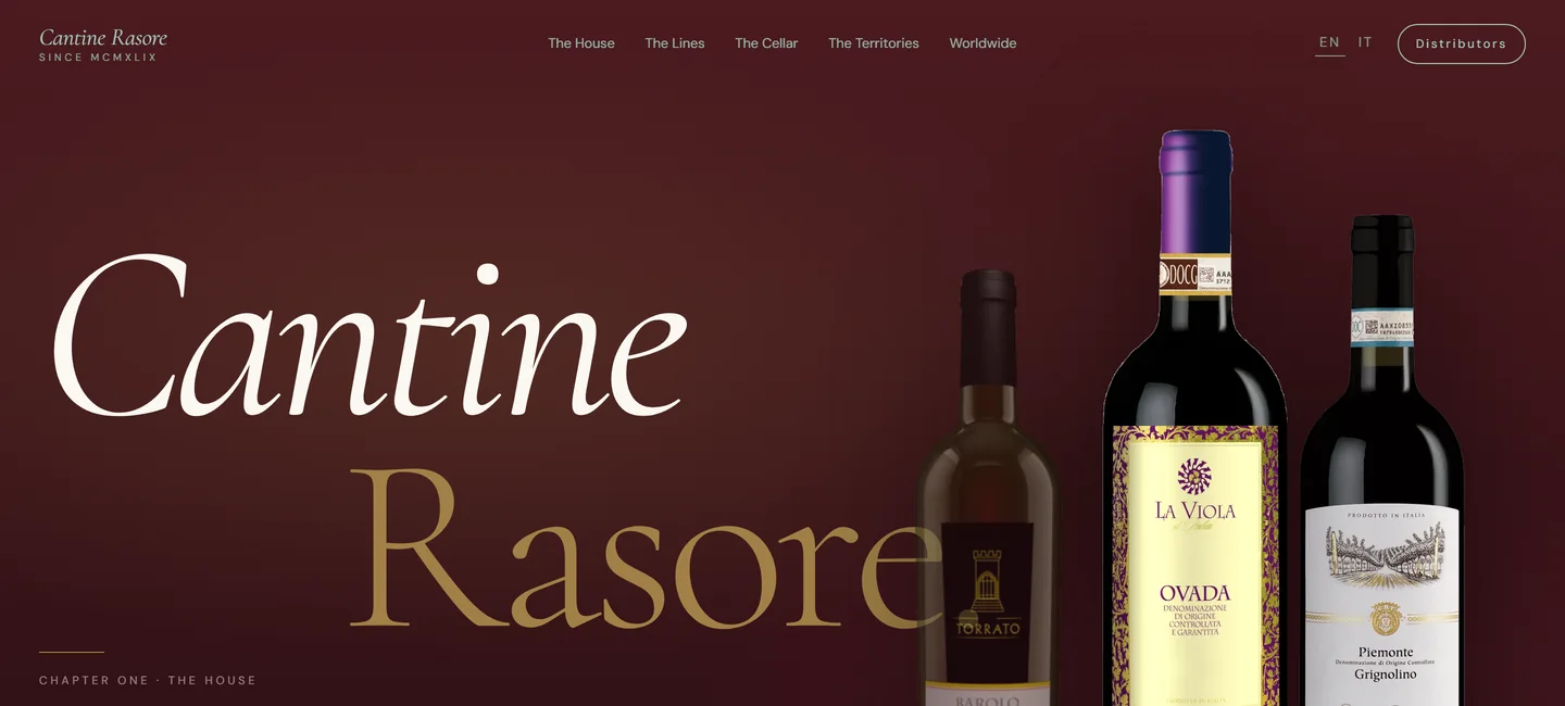 The Cantine Rasore home page we designed and built: the winery wordmark over three bottles from its Piedmont range.